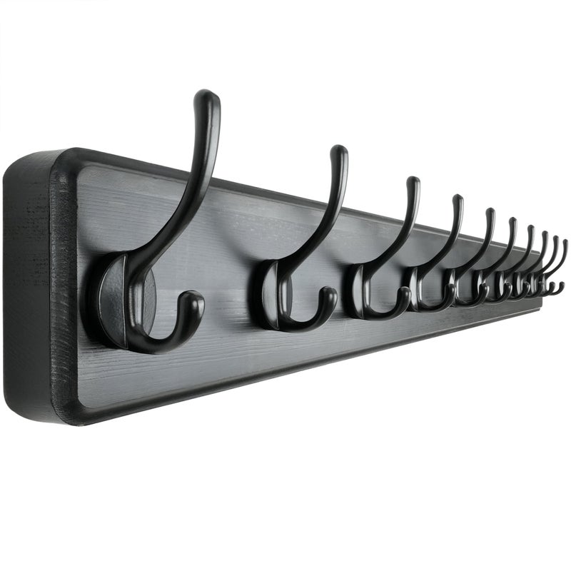 Dseap Coat Rack Wall: 38-1/4" Long, Patented, Heavy-Duty, 10-Double-Hooks Wooden Wall Mounted Coat Rack Coat Hanger Hook Rail for Winter Coats Hat Jacket Clothing, Black - Image 1